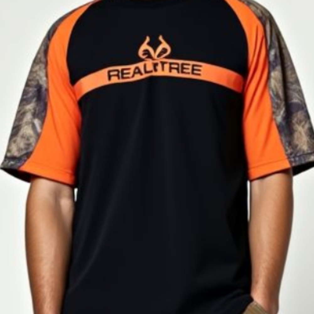 Realtree Men's Black and Orange Camo Sleeve Tee